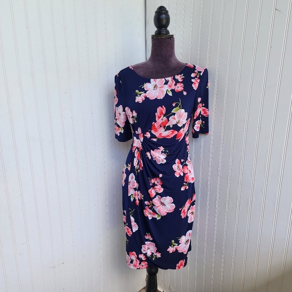 Connected Apparel Dress Womens Navy Blue Pink Floral Ruched Sheath Knee Sz 4P - Picture 1 of 15